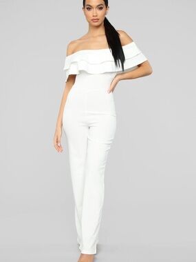 Fashion Nova White Off-Shoulder Ruffle Jumpsuit
